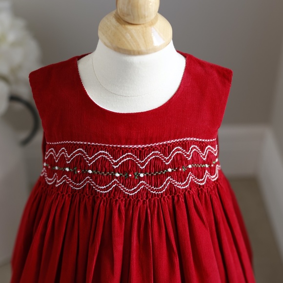Red Smocked Dress Cotton Corduroy Embroidery Sleeveless 18 Months PERFECT - Picture 4 of 5